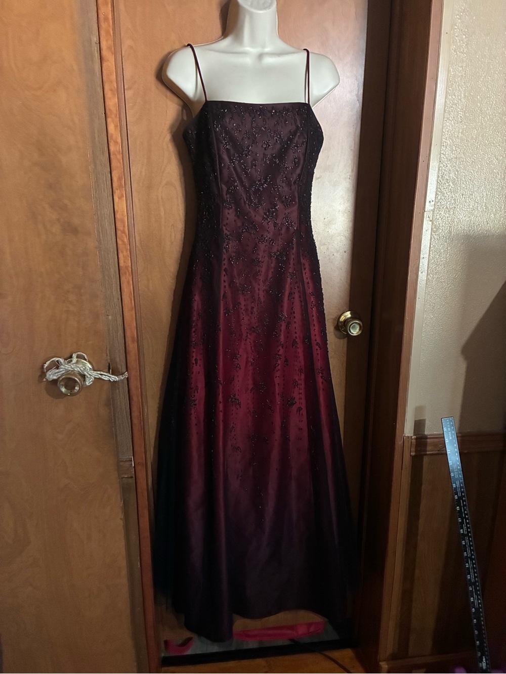 Women's Burgundy Beaded Spaghetti Strap Evening Gown
